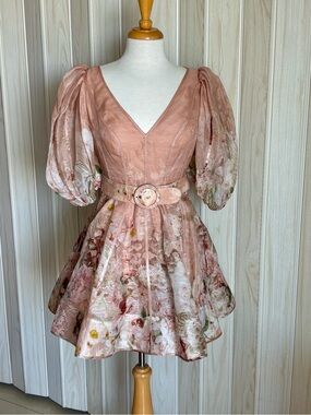 Zimmermann Dusty Pink Floral Puff-Sleeve Mini Dress